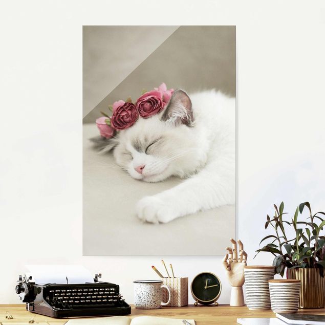 Glastavlor rosor Sleeping Cat with Roses