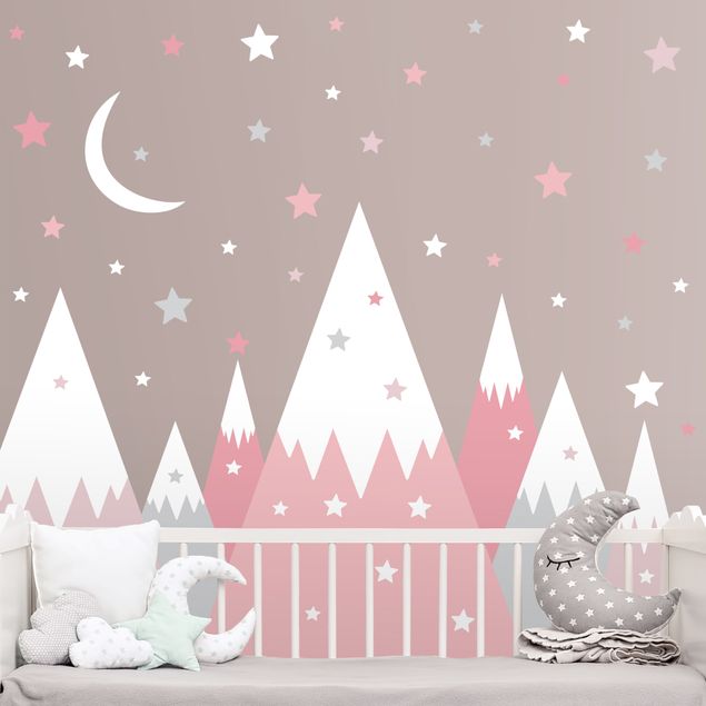 Wallstickers rymden Snow-capped mountains star and moon pink