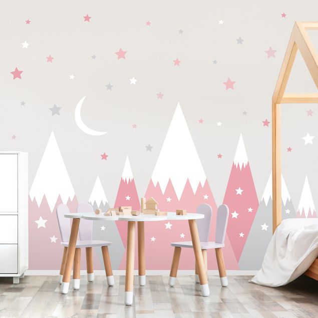 Wallstickers Snow-capped mountains star and moon pink