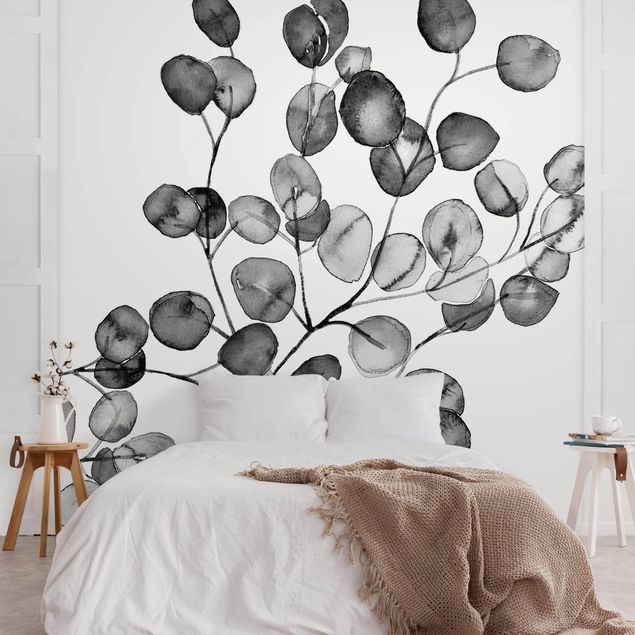 Tapeter modernt Black And White Eucalyptus Twig Watercolour
