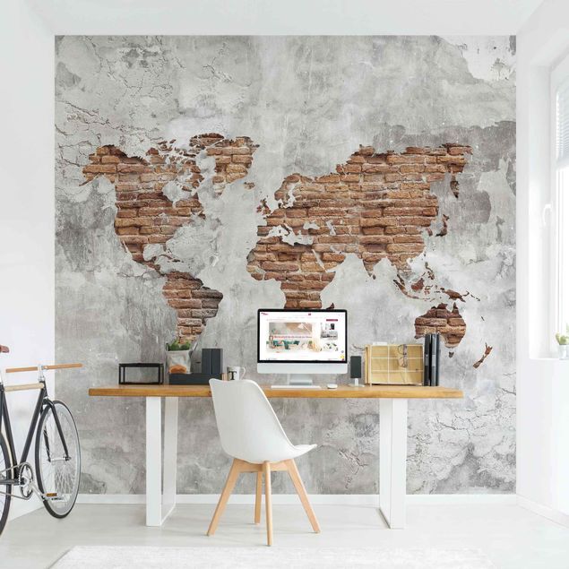 Fototapeter tegelsten Shabby Concrete Brick World Map