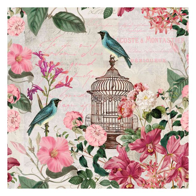 Fototapeter rosa Shabby Chic Collage - Pink Flowers And Blue Birds