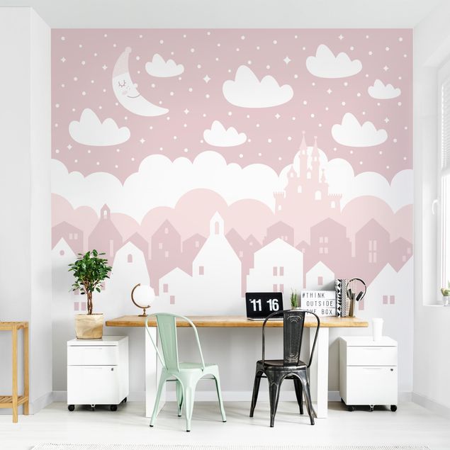 Tapeter Starry Sky With Houses And Moon In Light Pink