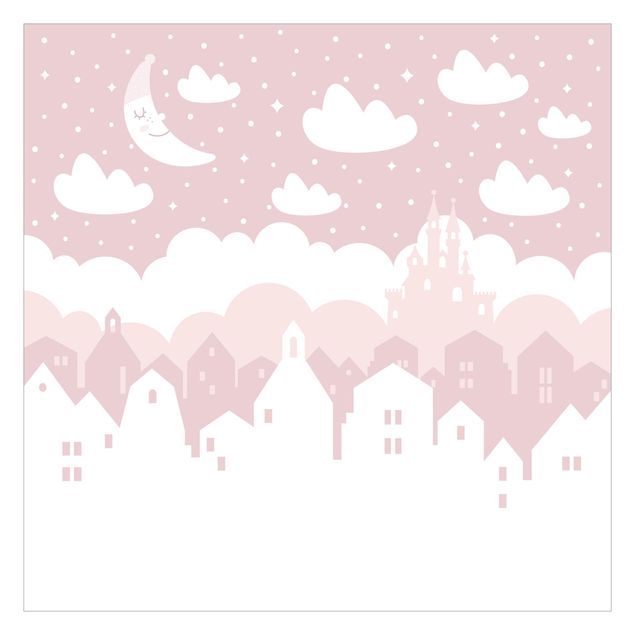 Fototapet - Starry Sky With Houses And Moon In Light Pink