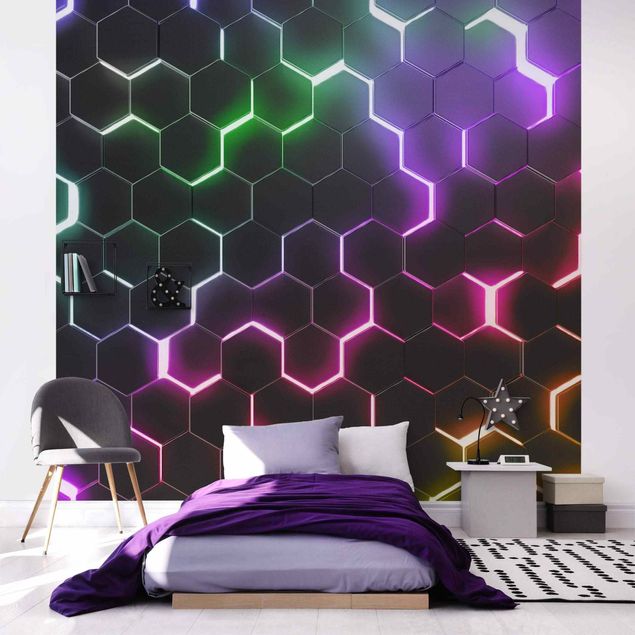 Fototapeter 3D Hexagonal Pattern With Neon Light