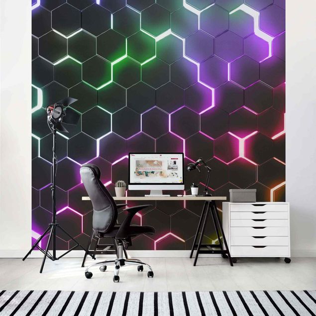 Mönstertapet Hexagonal Pattern With Neon Light