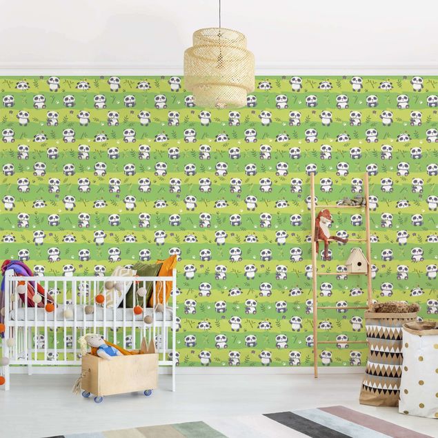 Inredning av barnrum Cute Panda Bears Wallpaper Green