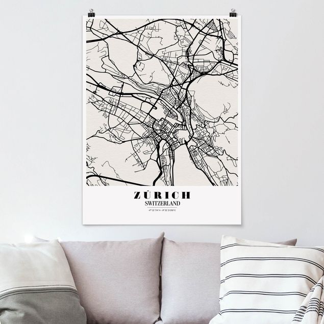 Posters svart och vitt Zurich City Map - Classic