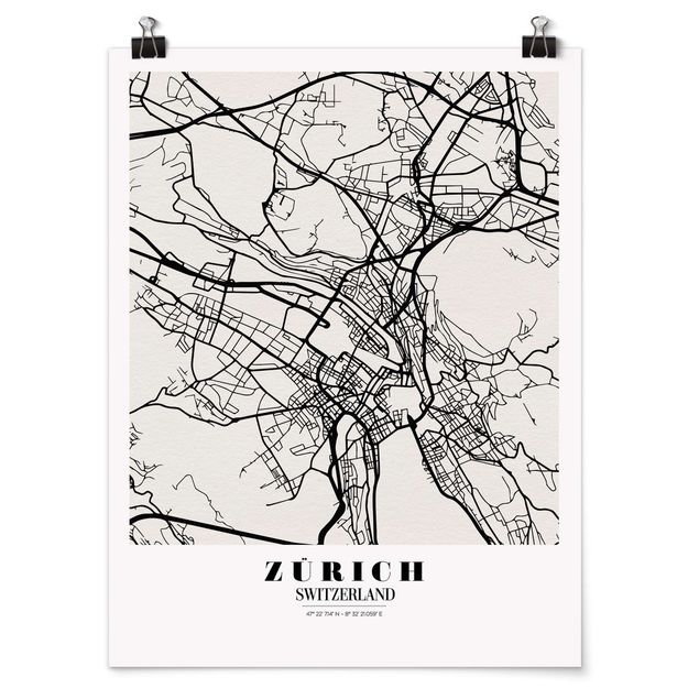 Tavlor svart och vitt Zurich City Map - Classic