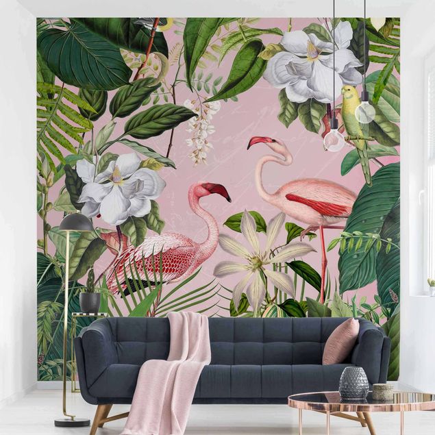 Fototapeter flamingo Tropical Flamingos With Plants In Pink