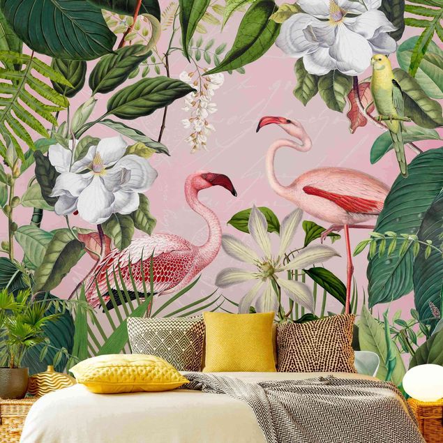 Fototapeter blommor  Tropical Flamingos With Plants In Pink