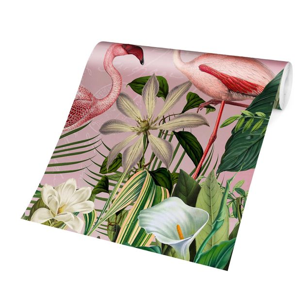 Tapeter modernt Tropical Flamingos With Plants In Pink
