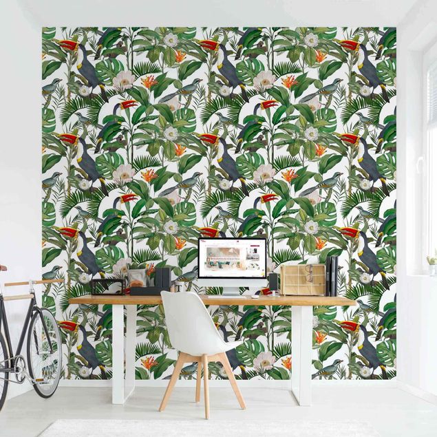 Fototapeter blommor  Tropical Toucan With Monstera And Palm Leaves