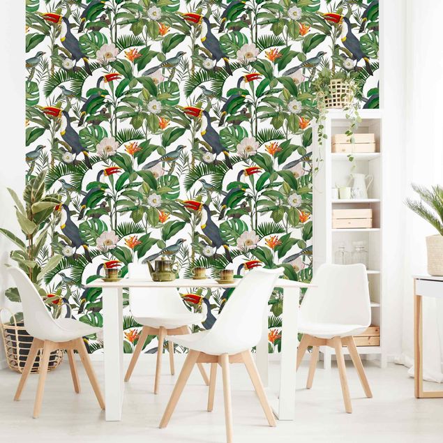 Mönstertapet Tropical Toucan With Monstera And Palm Leaves