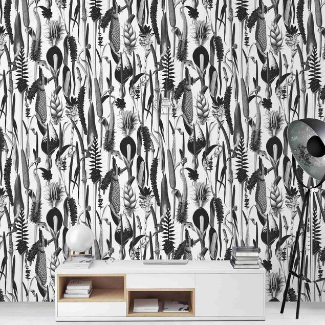 Tapeter modernt Tropical Luxury Pattern Black And White