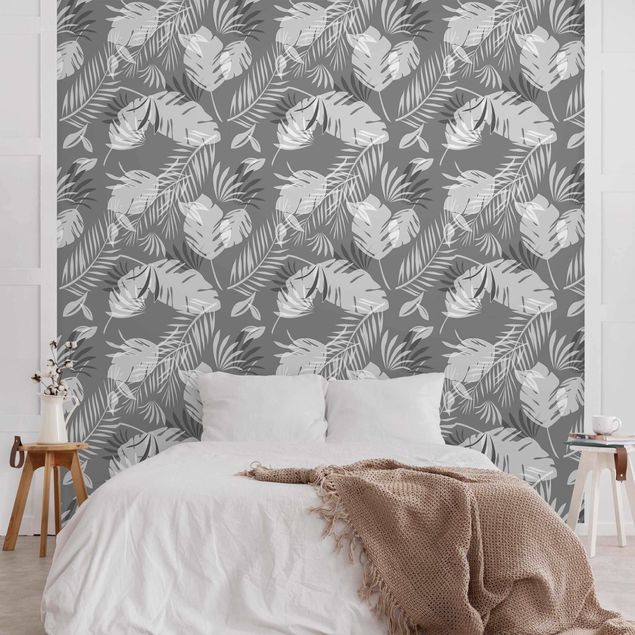 Mönstertapet Tropical Outlines Pattern In Grey