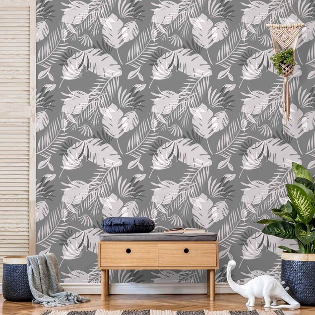 Tapeter modernt Tropical Outlines Pattern In Grey
