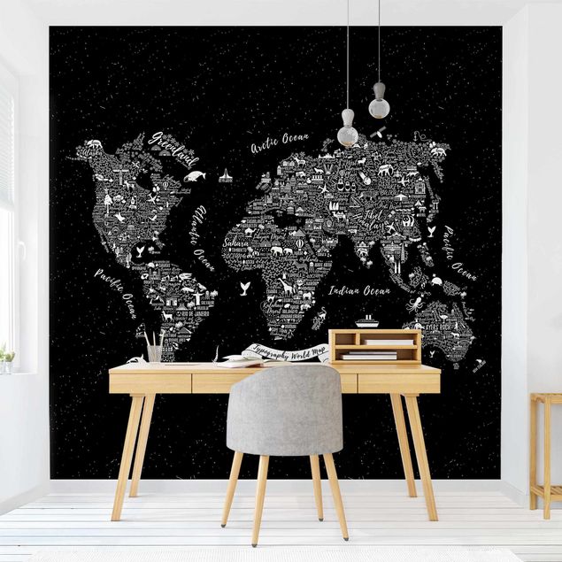 Fototapeter svart och vitt Typography World Map Black