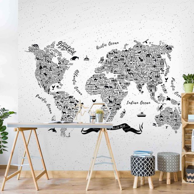 Fototapeter svart och vitt Typography World Map White