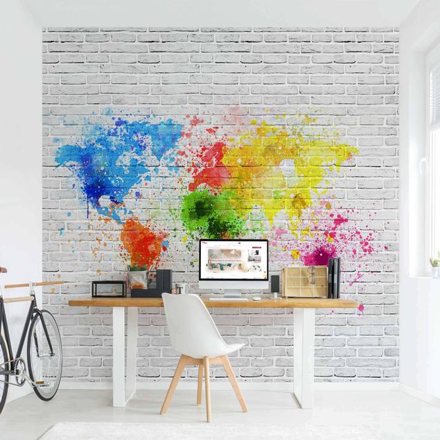 Fototapeter tegelsten White Brick Wall World Map