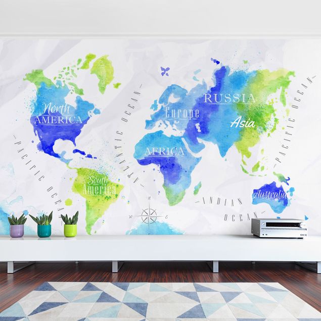 Fototapeter världskartor World Map Watercolour Blue Green