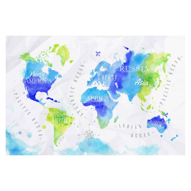 Tapeter World Map Watercolour Blue Green