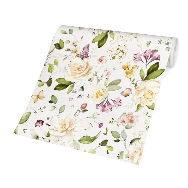 Fototapeter djur Wildflowers and White Roses Watercolour Pattern