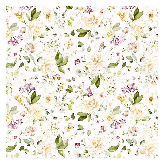 Fototapeter vit Wildflowers and White Roses Watercolour Pattern