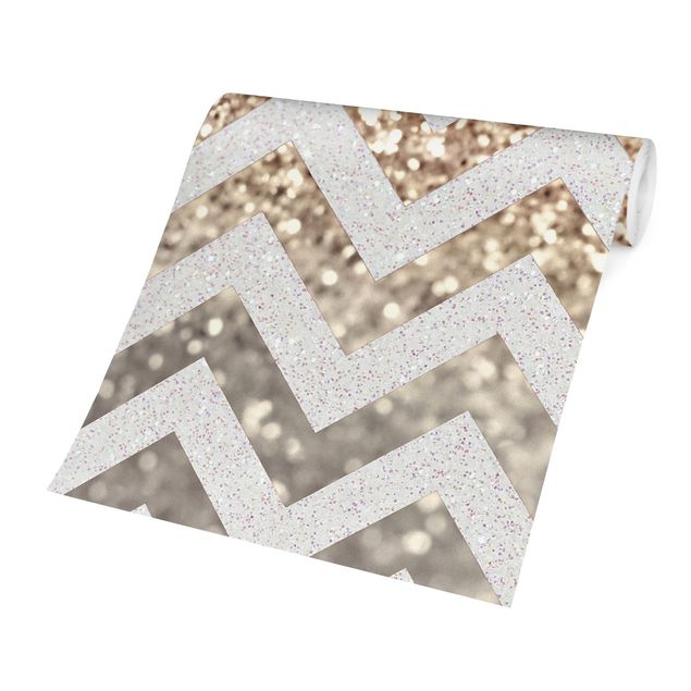 Tapeter modernt Zigzag Lines With Golden Glitter and Silver