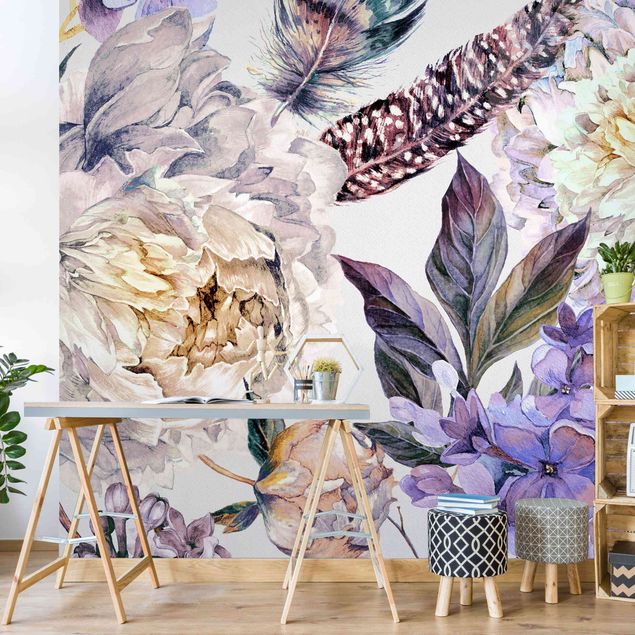 Fototapeter blommor  Delicate Watercolour Boho Flowers And Feathers Pattern