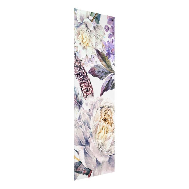 Tavlor blommor Delicate Watercolour Boho Flowers And Feathers Pattern