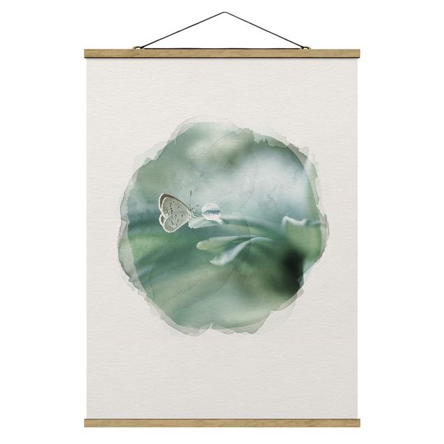 Tavlor blommor  WaterColours - Butterfly And Dew Drops In Pastel Green