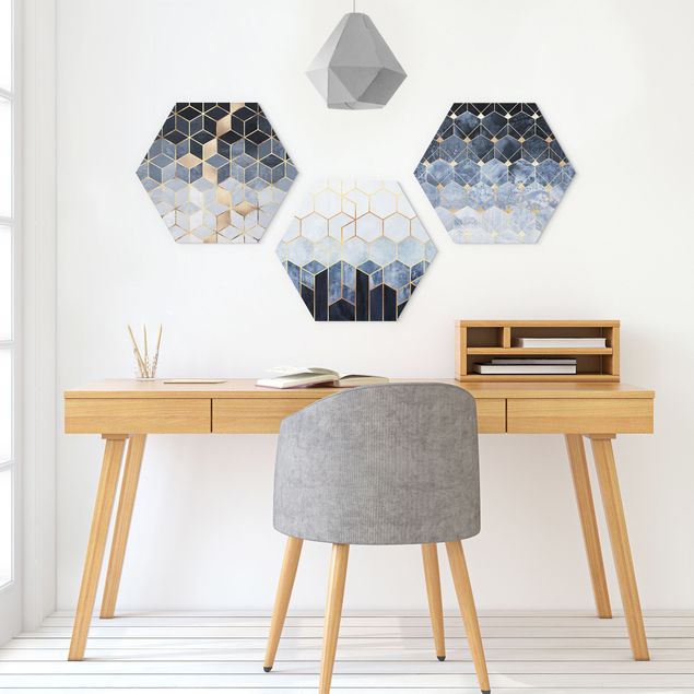 Tavlor konstutskrifter Blue White Golden Hexagons Set