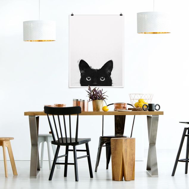 Posters svart och vitt Illustration Black Cat On White Painting