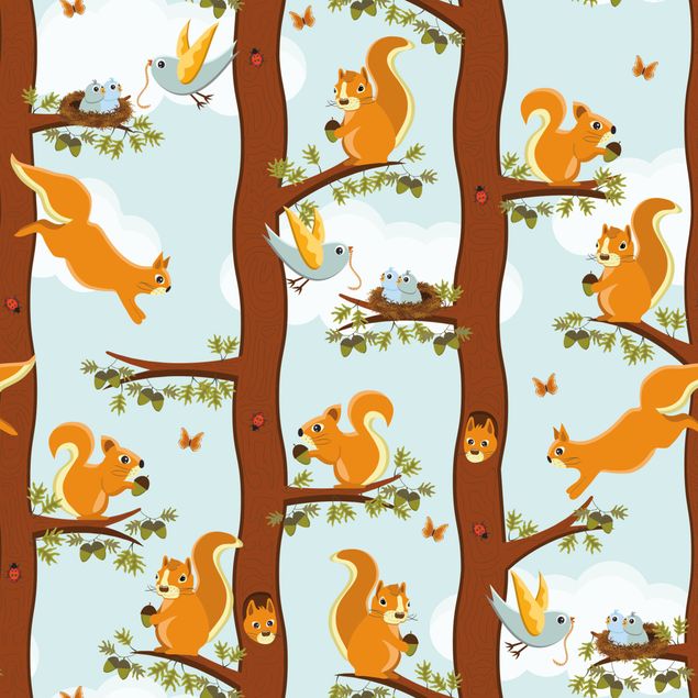 Självhäftande folier Cute Kids Pattern With Squirrels And Baby Birds