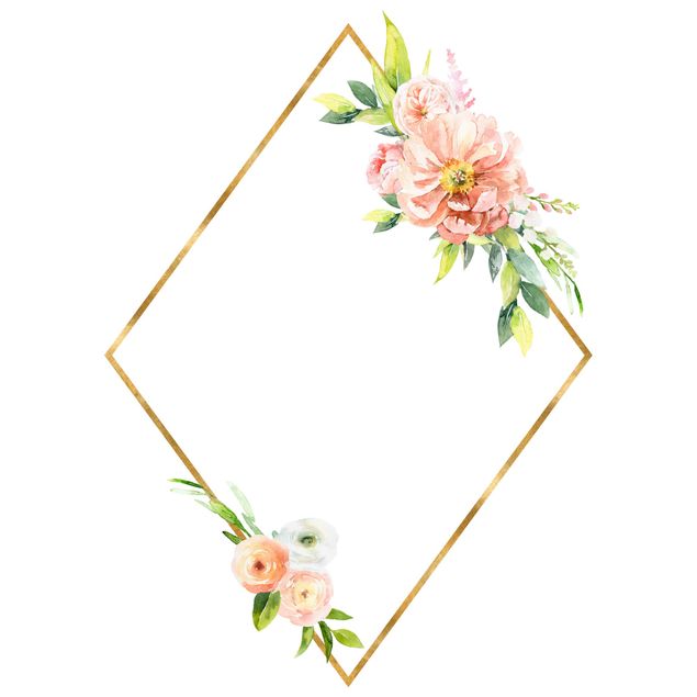 Wallstickers blommor  Watercolour Pink Flowers Gold Frame XXL