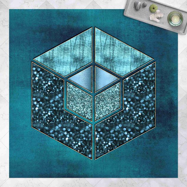 utomhusmatta Blue Hexagon With Golden Contour