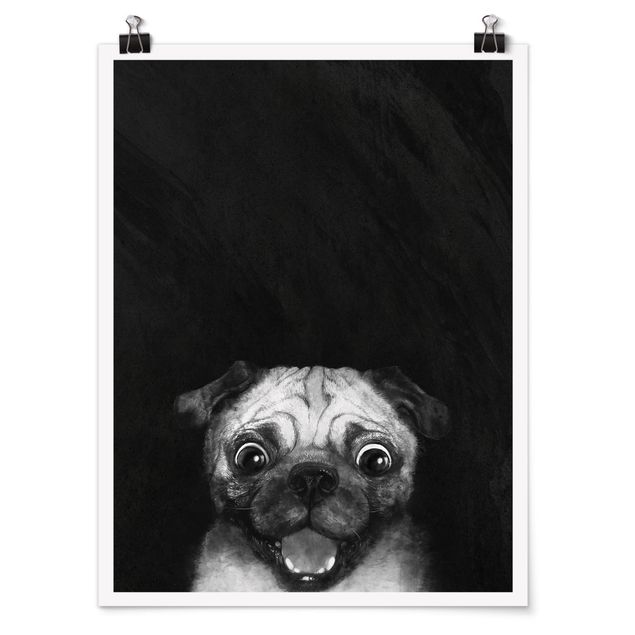 Posters konstutskrifter Illustration Dog Pug Painting On Black And White