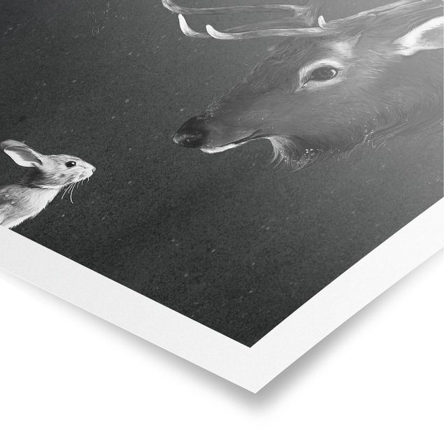 Posters konstutskrifter Illustration Deer And Rabbit Black And White Drawing