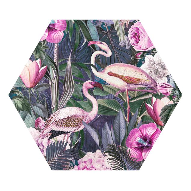 Tavlor konstutskrifter Colorful Collage - Pink Flamingos In The Jungle