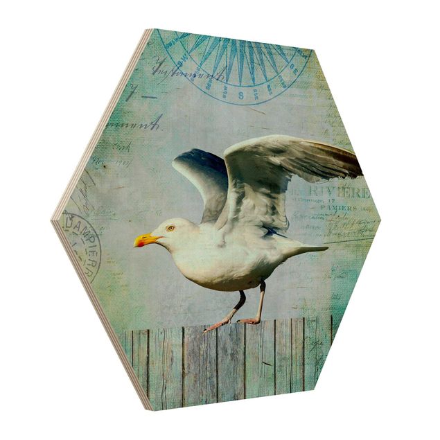 Tavlor modernt Vintage Collage - Seagull On Wooden Planks