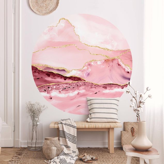Fototapeter marmor utseende Abstract Mountains Pink With Golden Lines
