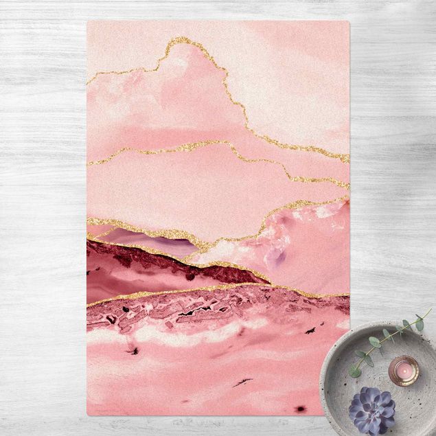 abstrakt matta Abstract Mountains Pink With Golden Lines