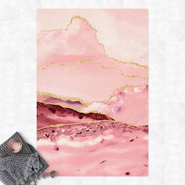 modern matta Abstract Mountains Pink With Golden Lines