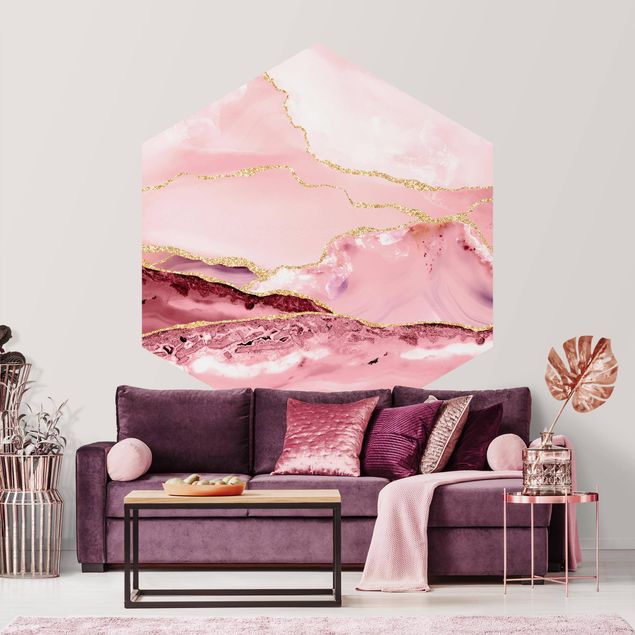 Fototapeter bergen Abstract Mountains Pink With Golden Lines