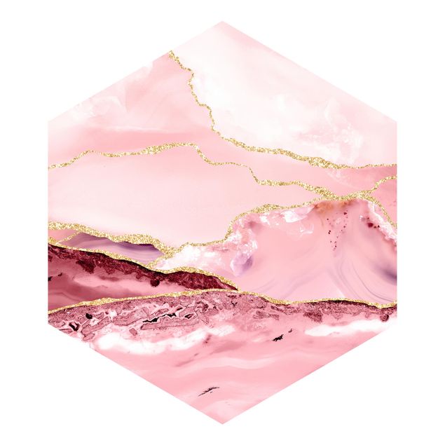 Tapeter modernt Abstract Mountains Pink With Golden Lines
