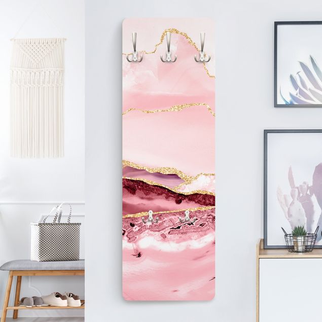 Klädhängare vägg mönster Abstract Mountains Pink With Golden Lines