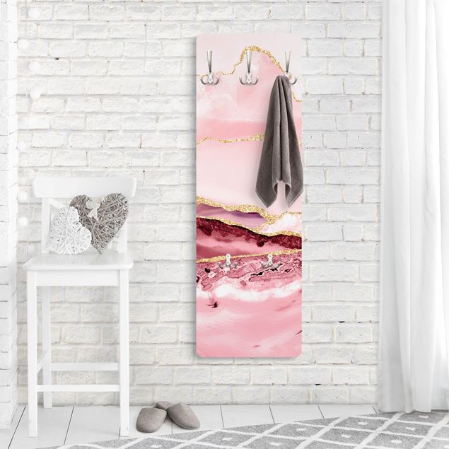 Klädhängare vägg rosa Abstract Mountains Pink With Golden Lines
