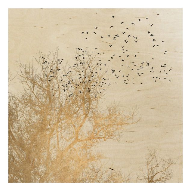 Trätavlor landskap Flock Of Birds In Front Of Golden Tree