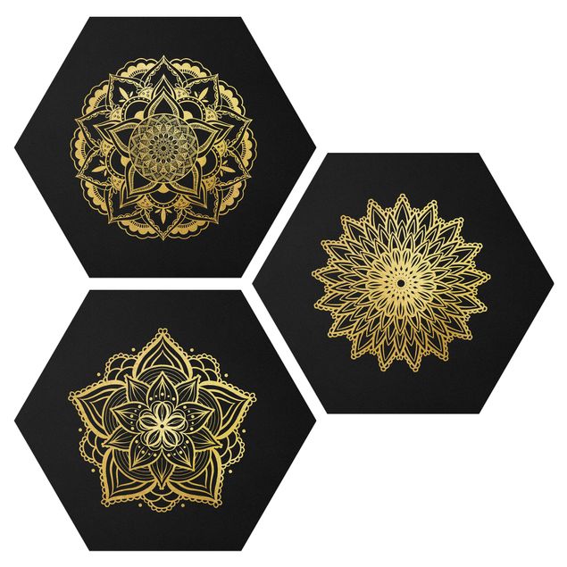 Tavlor andlig Mandala Flower Sun Illustration Set Black Gold